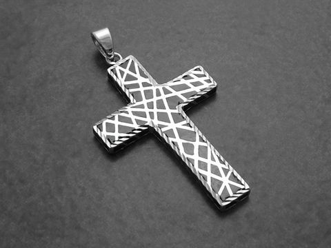 Sterling Silber Anhänger in Form eines Kreuzes mit aufregendem, rhodiniertem Muster, Hersteller Juwelier Harnisch, betont modernes Design und hochwertige Verarbeitung.