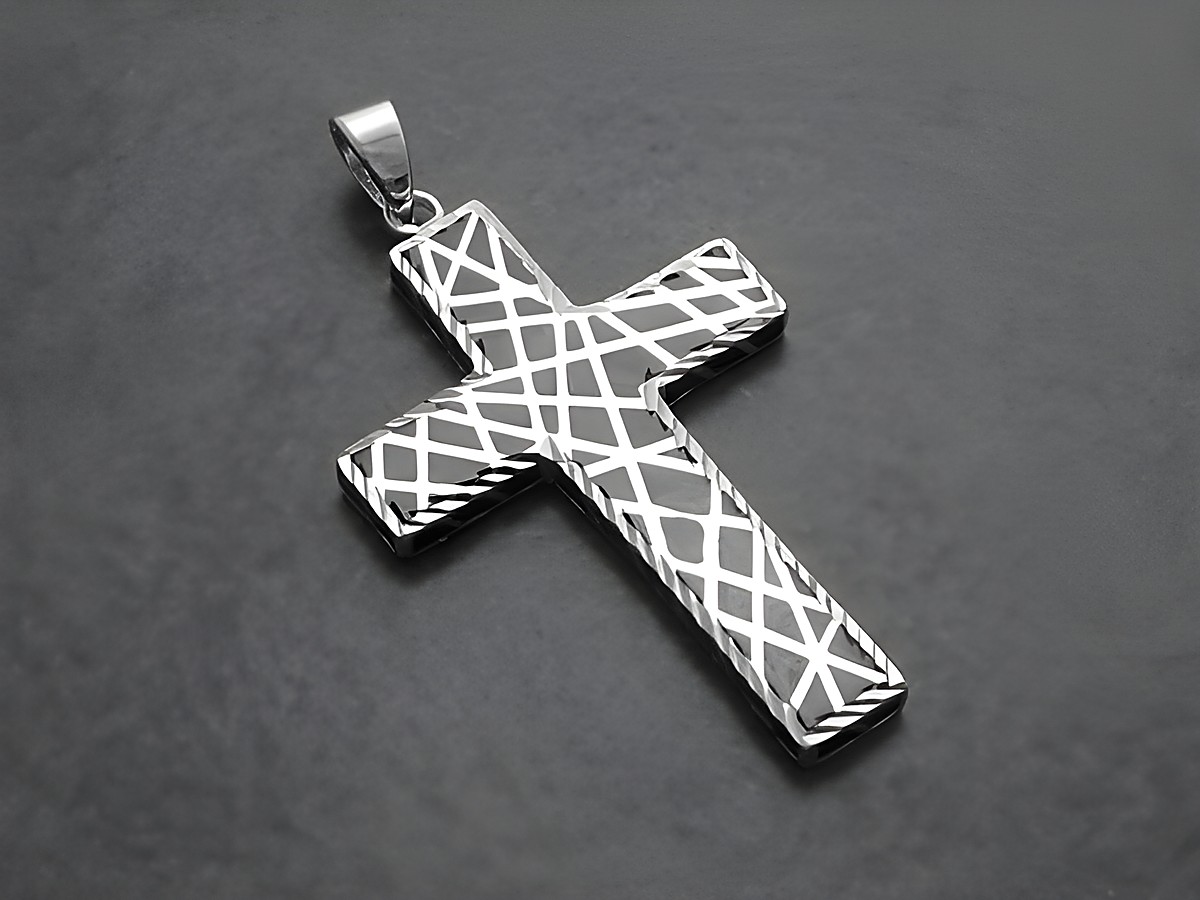 Sterling Silber Anhänger in Form eines Kreuzes mit aufregendem, rhodiniertem Muster, Hersteller Juwelier Harnisch, betont modernes Design und hochwertige Verarbeitung.