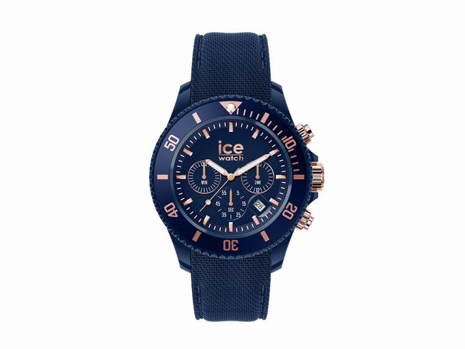 50441201-0 Ice Watch ICE chrono Dark blue Rose-Gold Large 020621 Blau zeigt eine sportliche Armbanduhr mit dunkelblauem Zifferblatt, roségoldenen Akzenten und robustem Textilarmband.