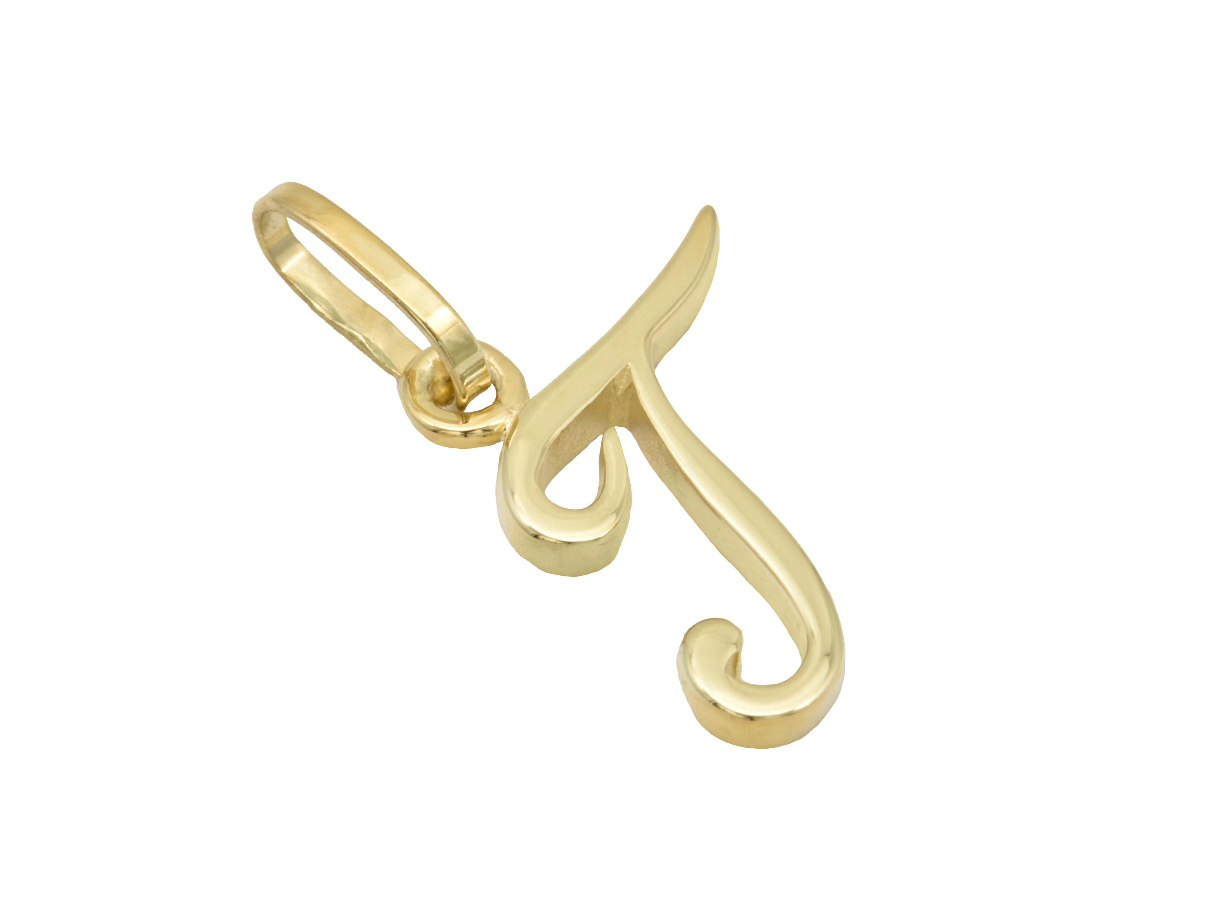 Buchstabenanhänger T aus Gelbgold 750, poliert, mit einem eleganten Design und glänzender Oberfläche, hergestellt von Juwelier Harnisch. Ideal als persönliches Geschenk oder Schmuckstück.