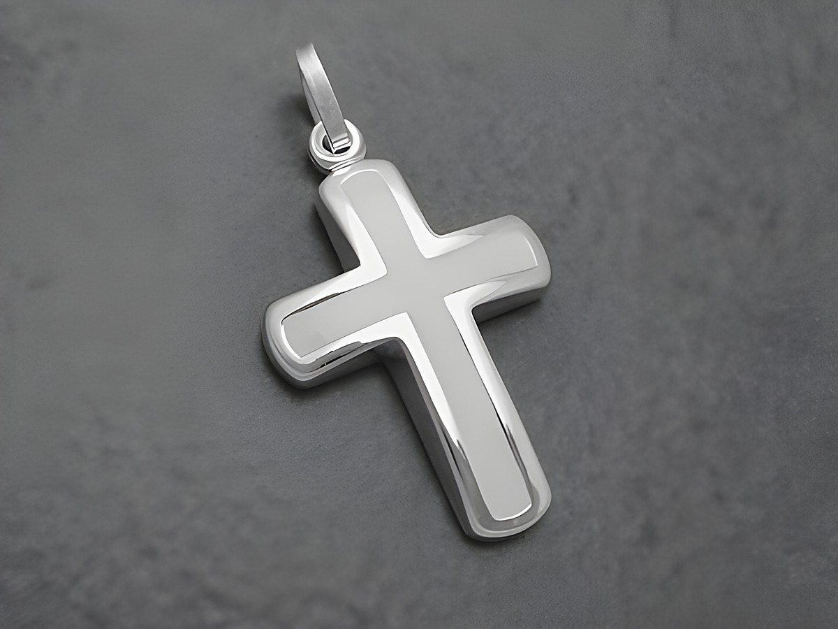 Kreuz massiv glanz aus Sterling Silber mit weißem Lack und Stein, hergestellt von Juwelier Harnisch, elegantes Schmuckstück mit zeitlosem Design.