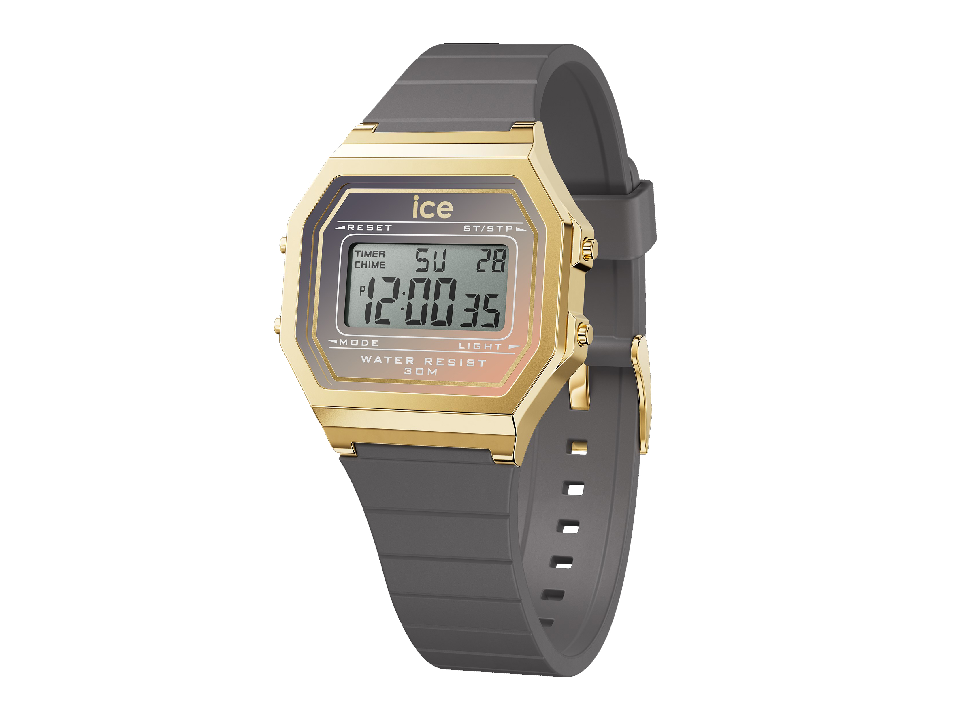 Die Ice Watch Uhr 023310 ICE digit retro Dove grey Small zeigt ein digitales Ziffernblatt mit goldenem Rahmen, grauem Silikonarmband und ist bis 30 Meter wasserdicht.