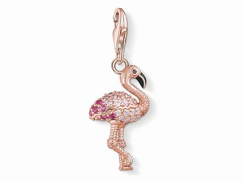 41610924-0 Charm-Anhänger in Form eines Flamingos, rosé vergoldet, verziert mit glitzernden Steinen in rosa und weiß, ideal für tierische Schmuckliebhaber. Hersteller Thomas Sabo, Artikelnummer 1518-384-9.