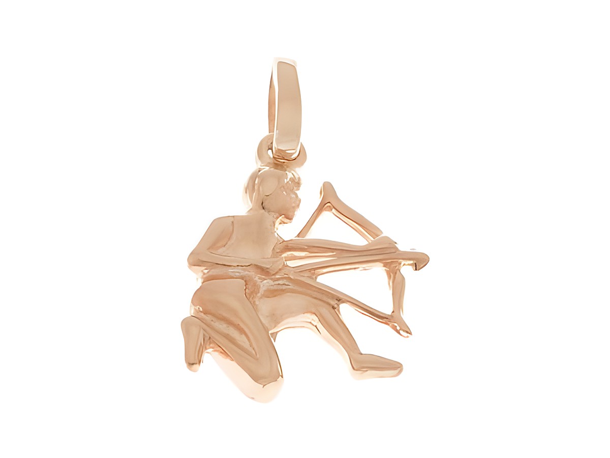 Schütze Sternzeichen Anhänger aus 925 Sterling Silber, rosé vergoldet und poliert, zeigt den Schützen in dynamischer Pose mit Pfeil und Bogen, hergestellt von Juwelier Harnisch.