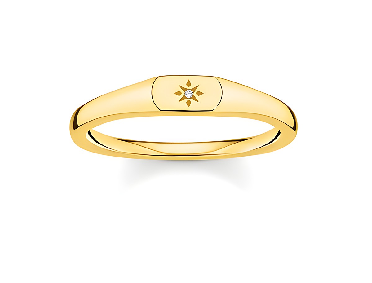 Silberner Ring von Thomas Sabo in Größe 52 mit Gelbgold-Applikationen und klaren Zirkonia-Steinen, verziert mit einem Sternen-Motiv. Ideal für elegante Looks.