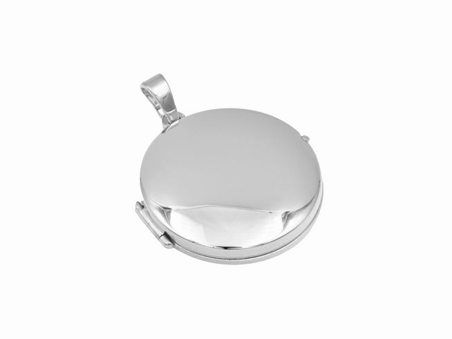 Silber Medaillon Anhänger rund schlicht rhodiniert, Hersteller Juwelier Harnisch, zeigt ein einfaches, glänzendes und rundes Design ohne zusätzliche Verzierungen.