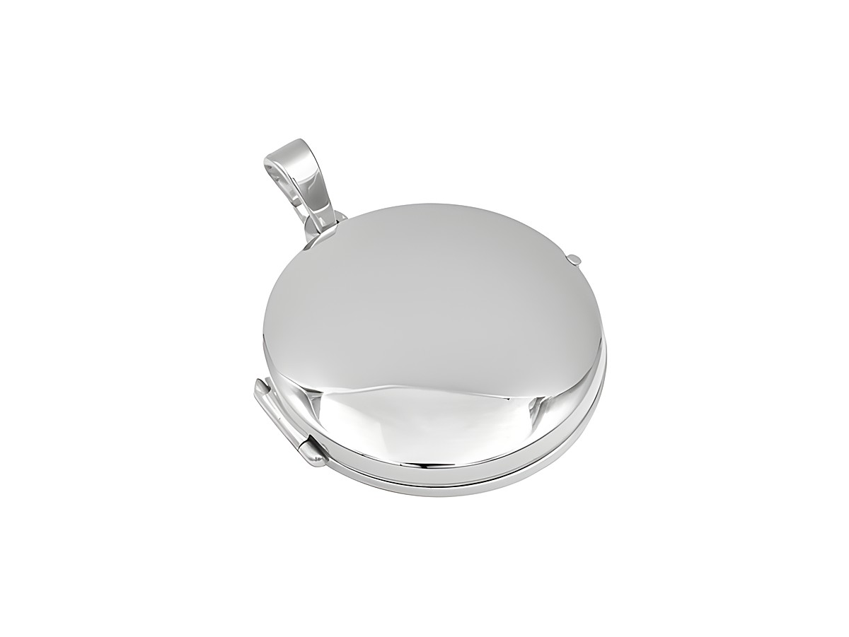 Silber Medaillon Anhänger rund schlicht rhodiniert, Hersteller Juwelier Harnisch, zeigt ein einfaches, glänzendes und rundes Design ohne zusätzliche Verzierungen.