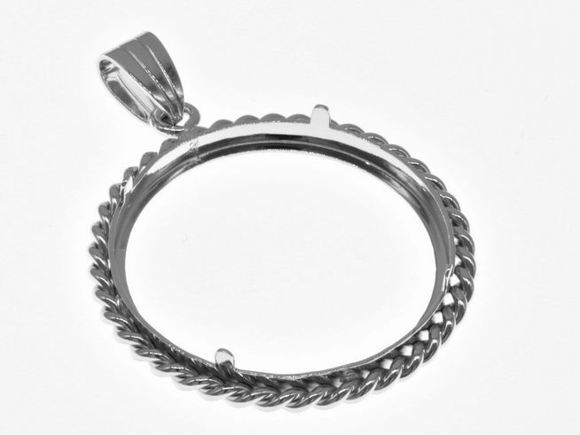 Münzfassung Anhänger aus 925 Sterling Silber rhodiniert, geeignet für Münzen bis 28 mm Durchmesser, mit einem drehbaren Kordel-Design, Hersteller Juwelier Harnisch.