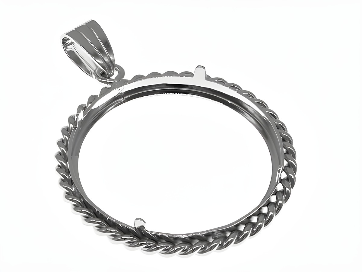 Münzfassung Anhänger aus 925 Sterling Silber rhodiniert, geeignet für Münzen bis 28 mm Durchmesser, mit einem drehbaren Kordel-Design, Hersteller Juwelier Harnisch. – Ansicht 2