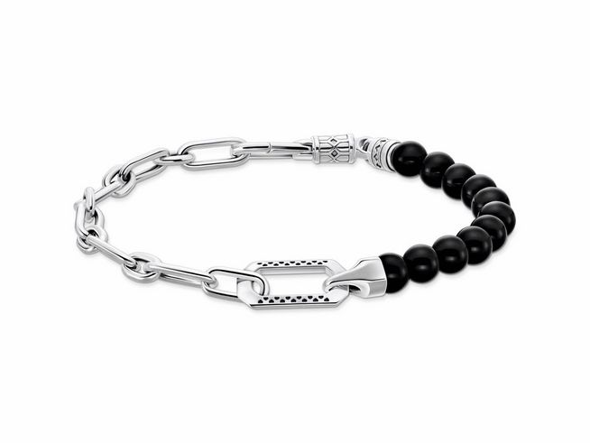 Silbernes Armband von Thomas Sabo mit schwarzen Achatperlen, verziert mit einer filigranen Verschlussplatte, verstellbar von 16 bis 19 cm, elegant und modern im Design.