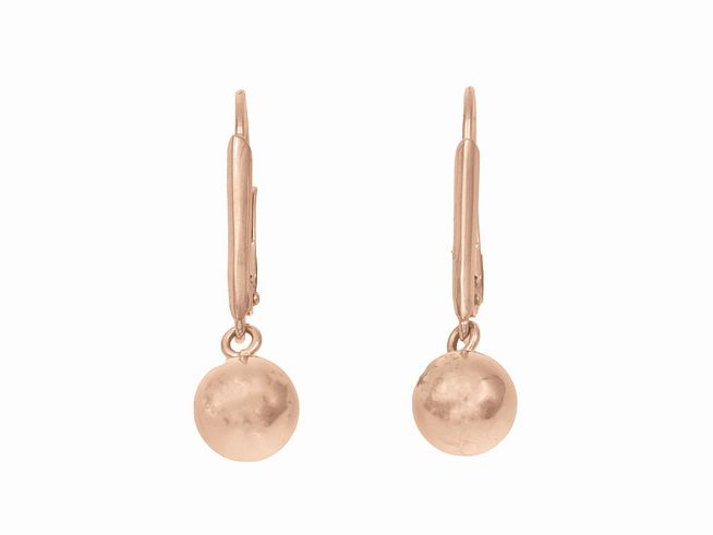 Ohrhänger aus vergoldetem Roségold, poliert, mit kugelförmigem Anhänger, Hersteller Juwelier Harnisch, ohne Stein, elegant und zeitlos im Design.