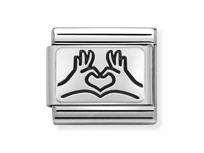 Edelstahl und Sterling Silber Plakette mit oxidiertem Motiv von zwei Händen, die ein Herz formen, für Schmuckhersteller Nomination, geeignet für Classic 330109 58.
