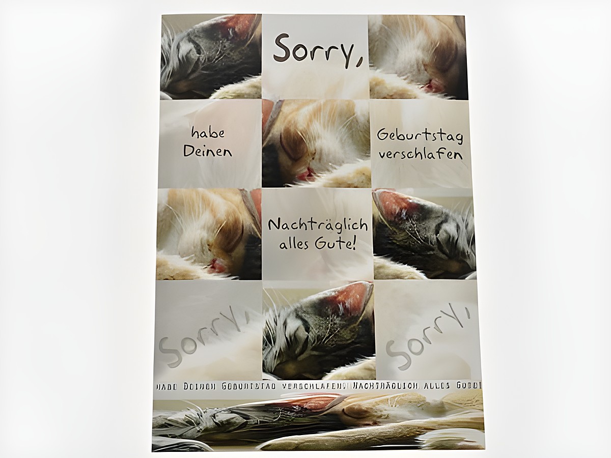 Eine Geburtstagskarte mit schlafenden Katzen und dem Text Sorry habe Deinen Geburtstag verschlafen, nachträglich alles Gute. Hersteller Juwelier Harnisch, Geburtstagskarten.