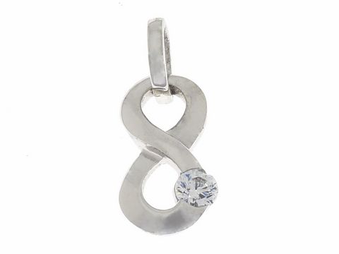 Silber rhodinierter Anhänger in Form des Unendlichkeitssymbols, verziert mit einem Zirkonia, hergestellt von Juwelier Harnisch, Symbol für Ewigkeit.