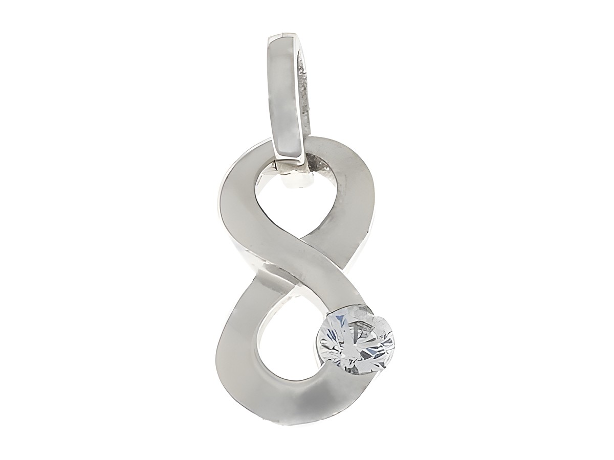 Silber rhodinierter Anhänger in Form des Unendlichkeitssymbols, verziert mit einem Zirkonia, hergestellt von Juwelier Harnisch, Symbol für Ewigkeit.