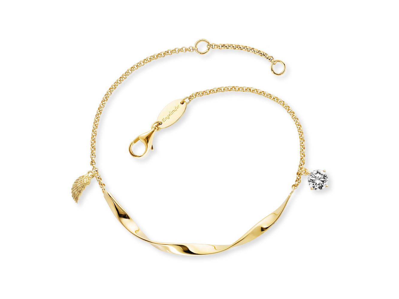 Armband von Engelsrufer mit einem geschwungenen Goldteil, einem zarten Flügelanhänger und einem glitzernden Zirkoniastück, in gelbgold Vergoldung auf Silber, 16,5 cm lang.
