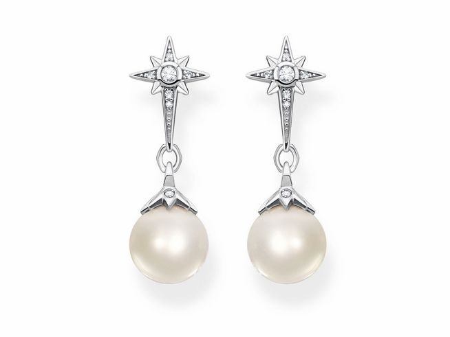 Ohrringe von Thomas Sabo H2118-167-14 in Form eines Sterns mit funkelnden Zirkonia und einer eleganten Perle, perfekte Kombination aus modernem Design und klassischem Stil.