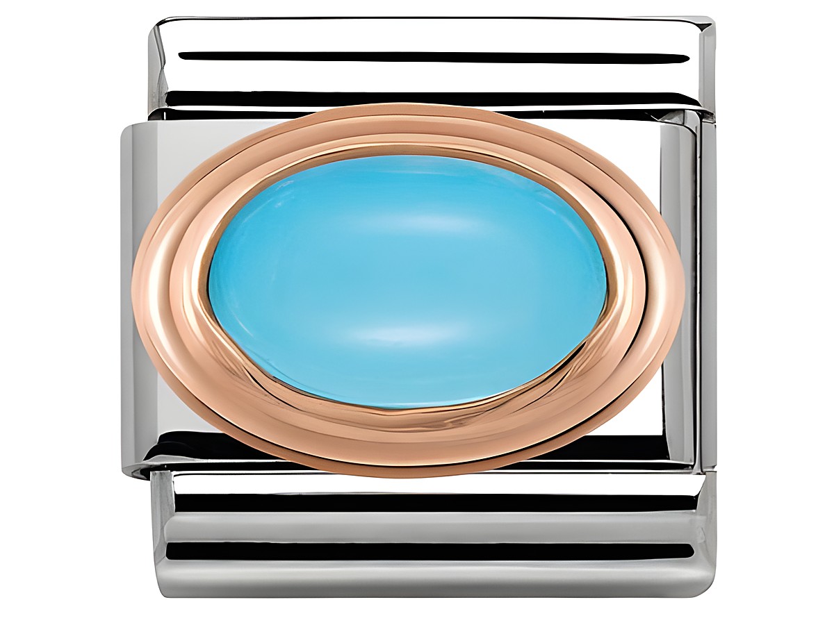 Nomination Classic Roségold 430501 06 mit einem ovalen, hellblauen Naturstein in Türkisfarbe, umgeben von einer eleganten Roségoldfassung, präsentiert ein modernes und stilvolles Design.