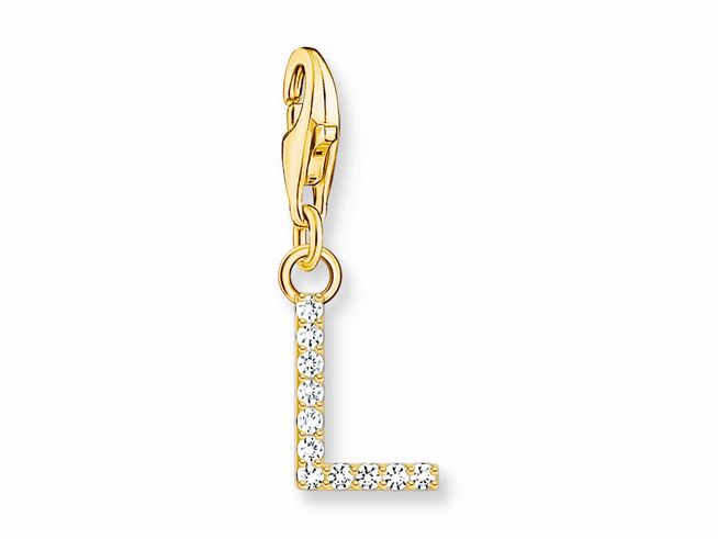 Charm-Anhänger von Thomas Sabo in Form des Buchstabens L, gefertigt aus Silber mit vergoldetem Finish, besetzt mit funkelndem Zirkonia in Weiß.