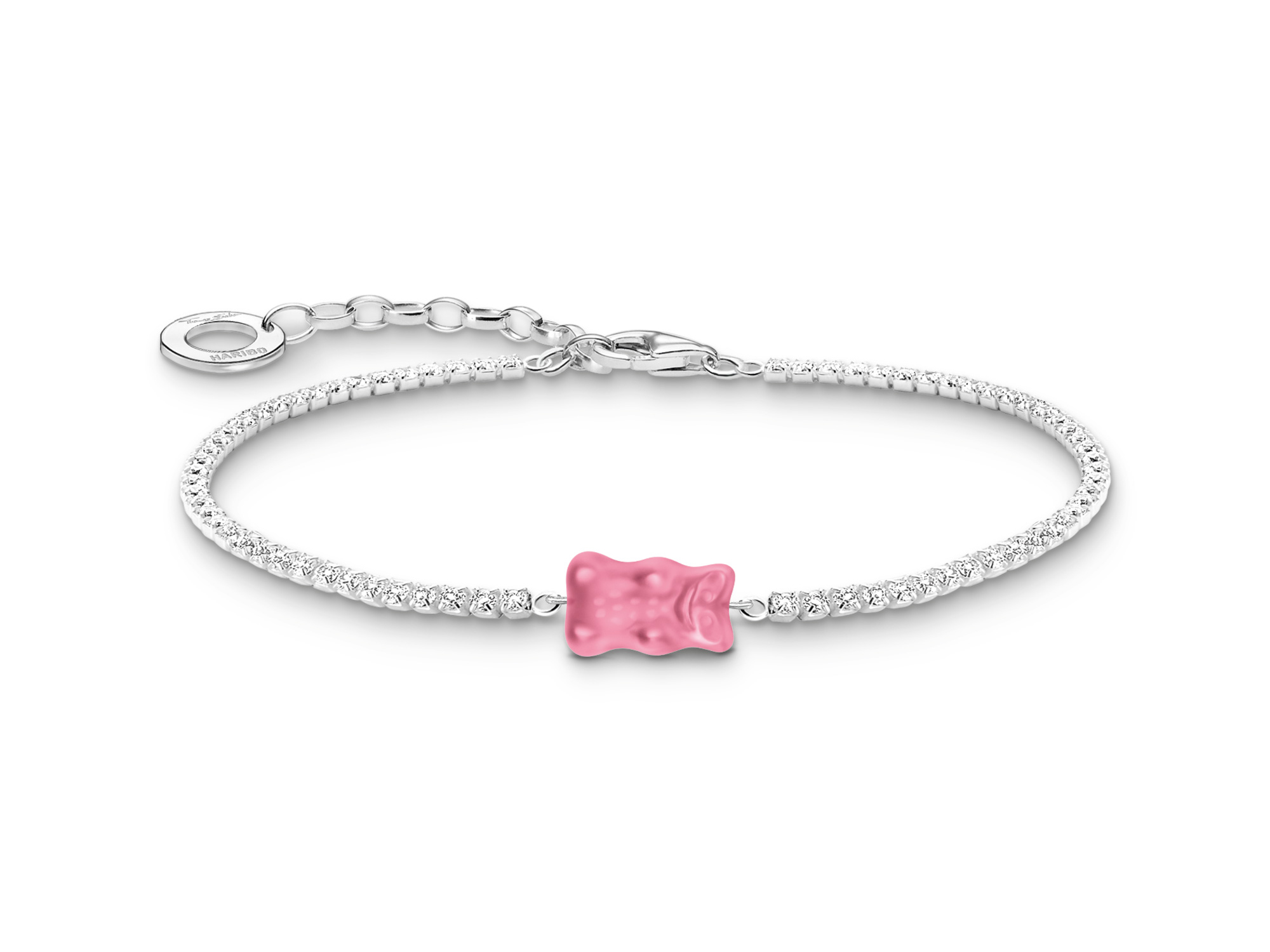 Elegantes Thomas Sabo Armband aus Silber mit pinkem Gummibärchen Anhänger und funkelnden Zirkonia-Steinen, verstellbar von 16 bis 19 cm, ideal für Liebhaber von außergewöhnlichem Schmuck.