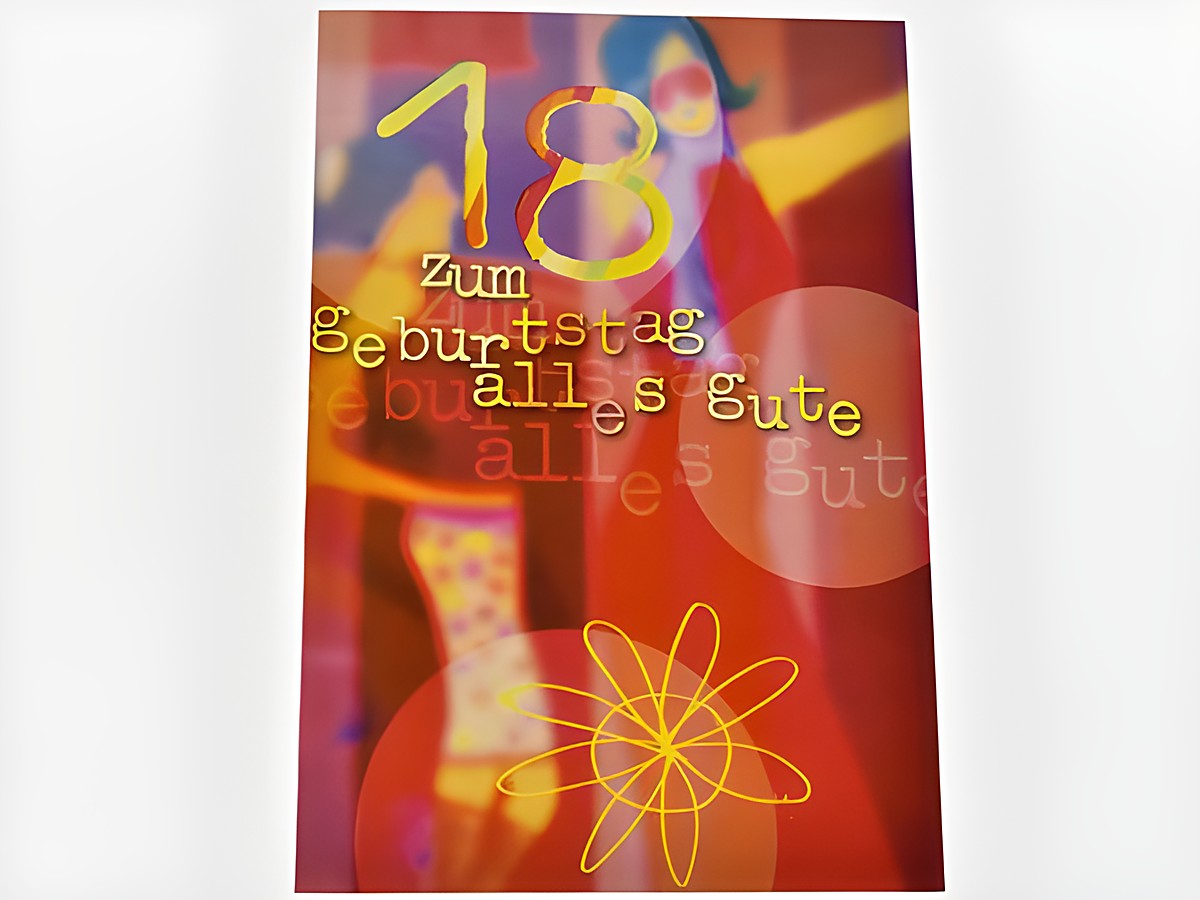Geburtstagskarte mit buntem Design und tanzenden Girls, auf der Vorderseite steht der Text zum 18. Geburtstag alles Gute, farbenfrohe Hintergründe und grafische Elemente.