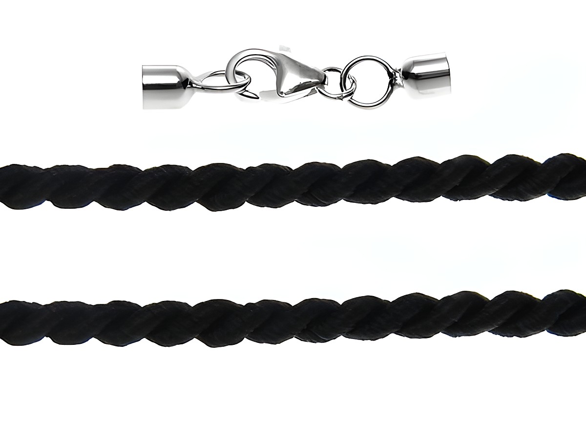 Kordel gedreht 95 cm in Schwarz mit 3 mm Durchmesser und silbernem Karabiner, hergestellt von Juwelier Harnisch, ideal für Schmuck oder Bastelarbeiten.