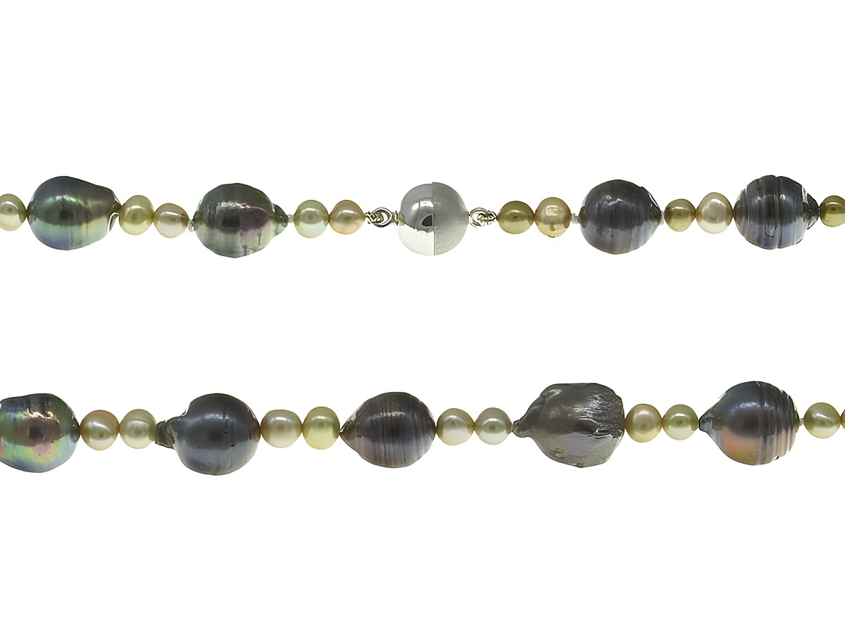 Perlenkette aus Süßwasser-Zuchtperlen in Grün und Violett, 4,5-10 mm, 48 cm lang, mit silbernem Verschluss, von Juwelier Harnisch, bunt gestaltet.