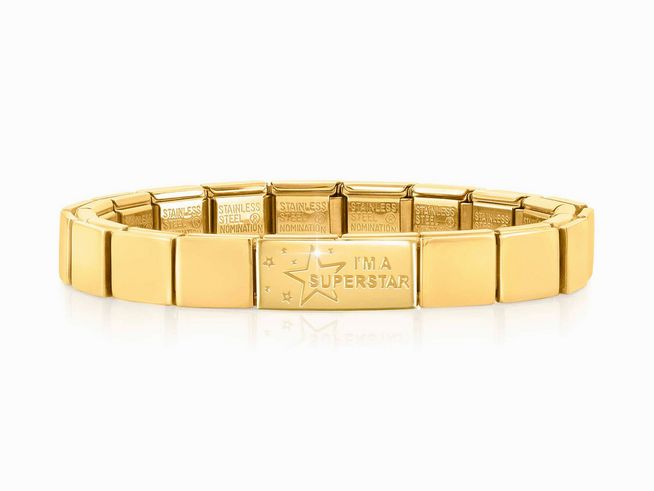 Edelstahl Armband in Gelbgoldoptik von Nomination mit Doppellink Superstar Design, glänzendes Finish und eingravierter Schriftzug. Perfekt für stilvolle Akzente.
