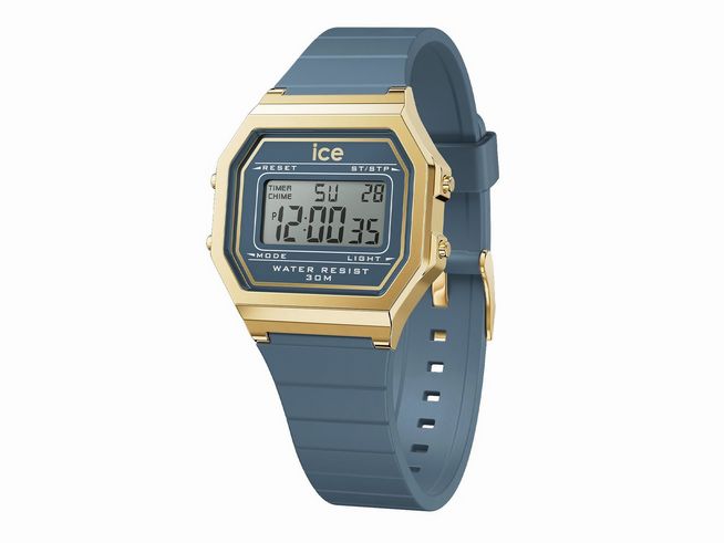 Digitale Ice Watch Uhr 022067 ICE digit retro Midnight Blue Small mit goldfarbenem Gehäuse, blauen Silikonarmband und LCD-Anzeige, wasserresistent bis 30 Meter.
