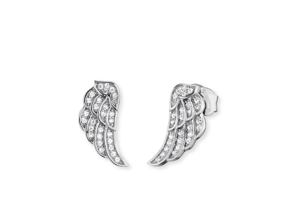 Edelstahl Ohrstecker in Form von Engelsflügeln, verziert mit Zirkonia, rhodiniert, hergestellt von Engelsrufer, stilvolles Design für eleganten Schmuck.