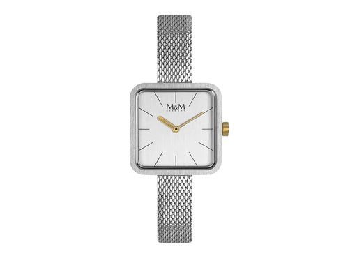 M&M Damenuhr M11951-152 Mini Square in Silber mit Mesh-Armband und weißem Ziffernblatt, goldfarbigen Zeigern und M&M Logo, elegant und modern. Ideal für jeden Anlass.