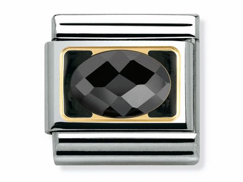 Elegante NOMINATION Classic Charm in Schwarz Zirkonia mit ovalem, facettiertem Stein und goldfarbener Umrandung, in Hochglanzpolierter Edelstahlfassung, Teil der Elegance Collection.
