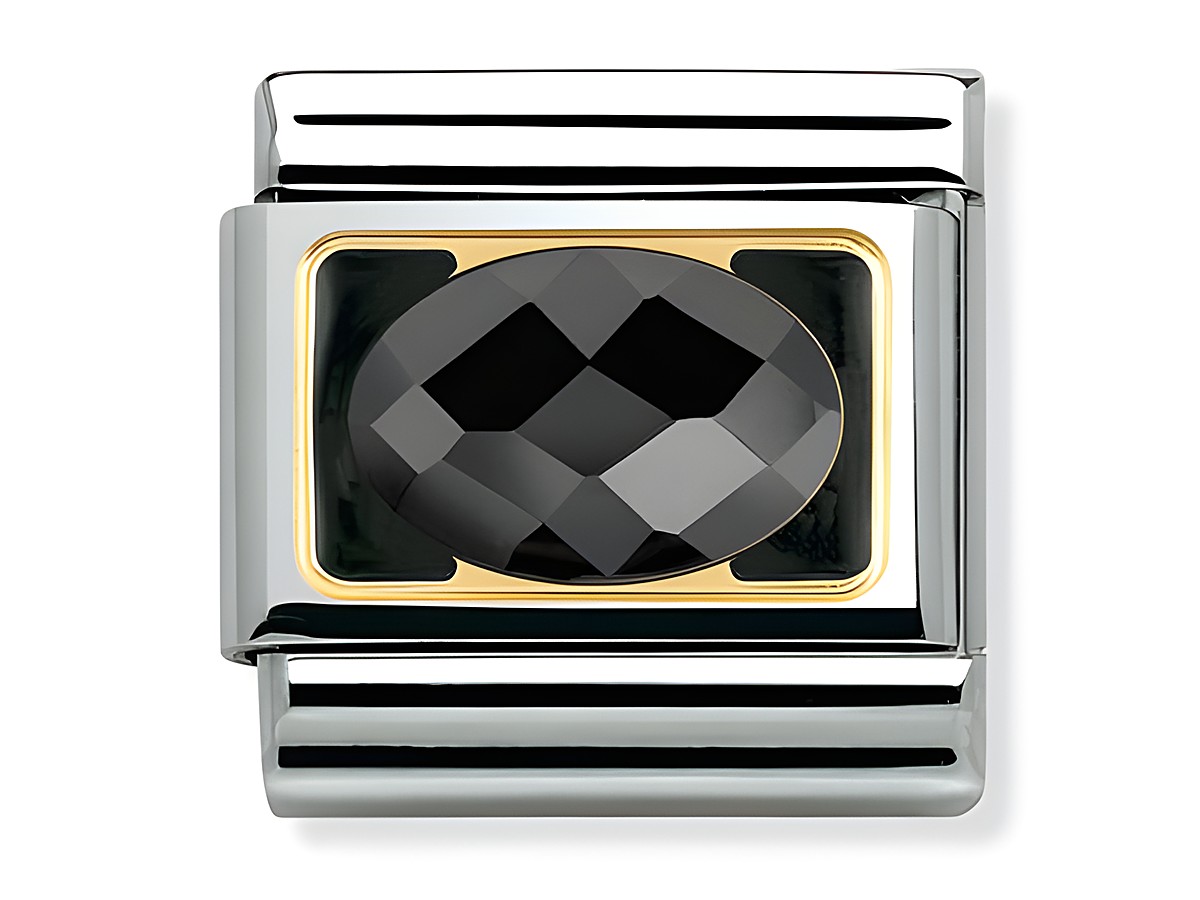 Elegante NOMINATION Classic Charm in Schwarz Zirkonia mit ovalem, facettiertem Stein und goldfarbener Umrandung, in Hochglanzpolierter Edelstahlfassung, Teil der Elegance Collection.