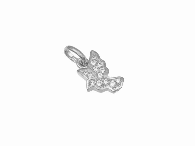 Anhänger Friedenstaube aus rhodiniertem Sterling Silber, verziert mit funkelnden Ziersteinen, ideal als symbolisches Schmuckstück für Frieden und Hoffnung, Hersteller Juwelier Harnisch.