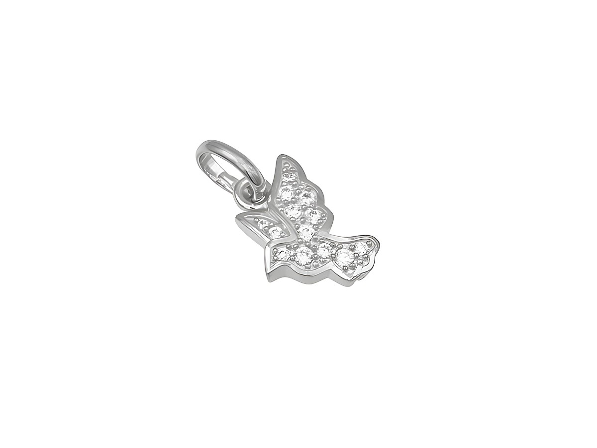 Anhänger Friedenstaube aus rhodiniertem Sterling Silber, verziert mit funkelnden Ziersteinen, ideal als symbolisches Schmuckstück für Frieden und Hoffnung, Hersteller Juwelier Harnisch.