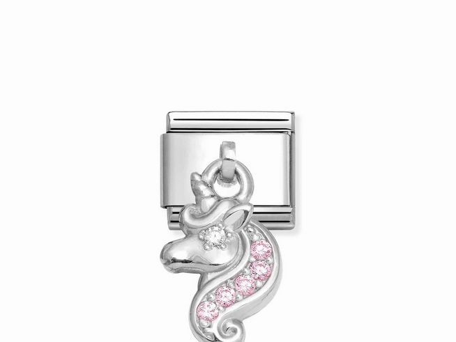 Charms von Nomination in Sterling Silber und Edelstahl, zeigt ein rosa und weißes Einhorn mit Zirkonia verziert, ideal für individuelle Schmuckgestaltungen.