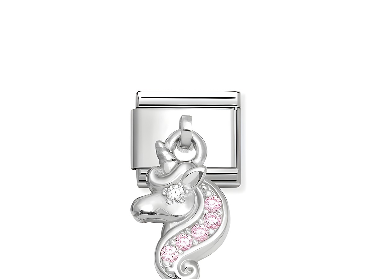 Charms von Nomination in Sterling Silber und Edelstahl, zeigt ein rosa und weißes Einhorn mit Zirkonia verziert, ideal für individuelle Schmuckgestaltungen.