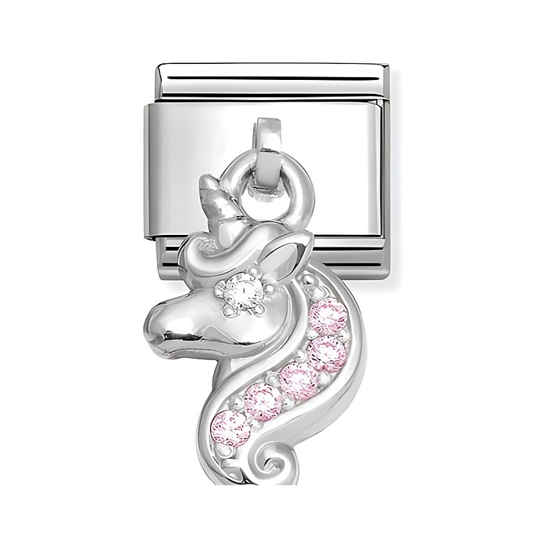 Charms von Nomination in Sterling Silber und Edelstahl, zeigt ein rosa und weißes Einhorn mit Zirkonia verziert, ideal für individuelle Schmuckgestaltungen.