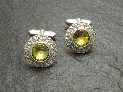 Strass Manschettenknöpfe in Rundform, gelb, mit glitzernden Strass Steinen, Hersteller Juwelier Harnisch, edles Design, Einzelstück für besondere Anlässe.