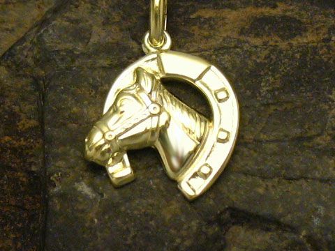 Anhänger in Form eines Hufeisens mit einem Pferdekopf aus Gold von Juwelier Harnisch, symbolisiert Glück und ist ein schöner Glücksbringer für Tierliebhaber.