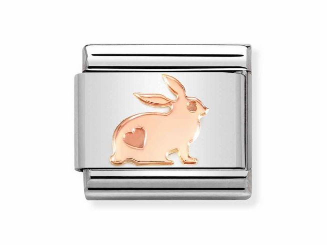 Edelstahlarmband mit Roségoldapplikation in Form eines Hasen, das Herzsymbol integriert, Hersteller Nomination, Modell 430104 50 CLASSIC SYMBOLE.