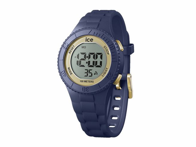 Die Ice watch 021618 - ICE digit Dark blue gold ist eine digitale Uhr mit blauen Silikonarmband und goldenen Akzenten. Sie verfügt über ein digitales Ziffernblatt und ist bis zu 100 Meter wasserdicht.