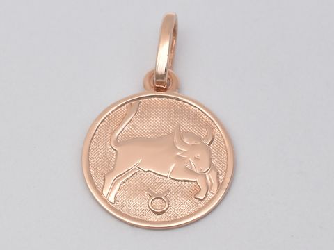 Stier Anhänger aus rosé vergoldetem Sterlingsilber, poliert, mit einer Darstellung eines Stiers und dem Sternzeichen Symbol, Durchmesser 14 mm, Hersteller Juwelier Harnisch.