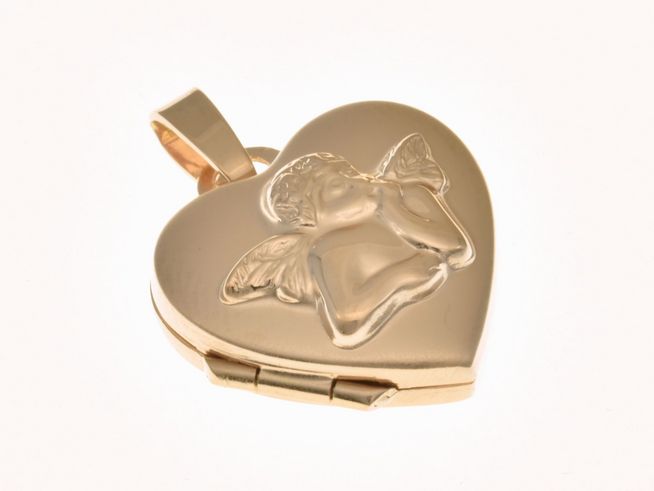 Medaillon in Herzform aus teilmattiertem Sterling Silber, roségold vergoldet, mit eingraviertem Schutzengel, Hersteller Juwelier Harnisch. Ideal als besonderer Schmuckartikel.