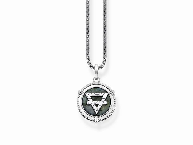 Thomas Sabo Kette KE2150-503-6-L50V aus Sterling Silber mit einem Anhänger aus Labradorit, 50 cm verstellbar, modernes Design mit geometrischem Muster auf einem runden Anhänger.