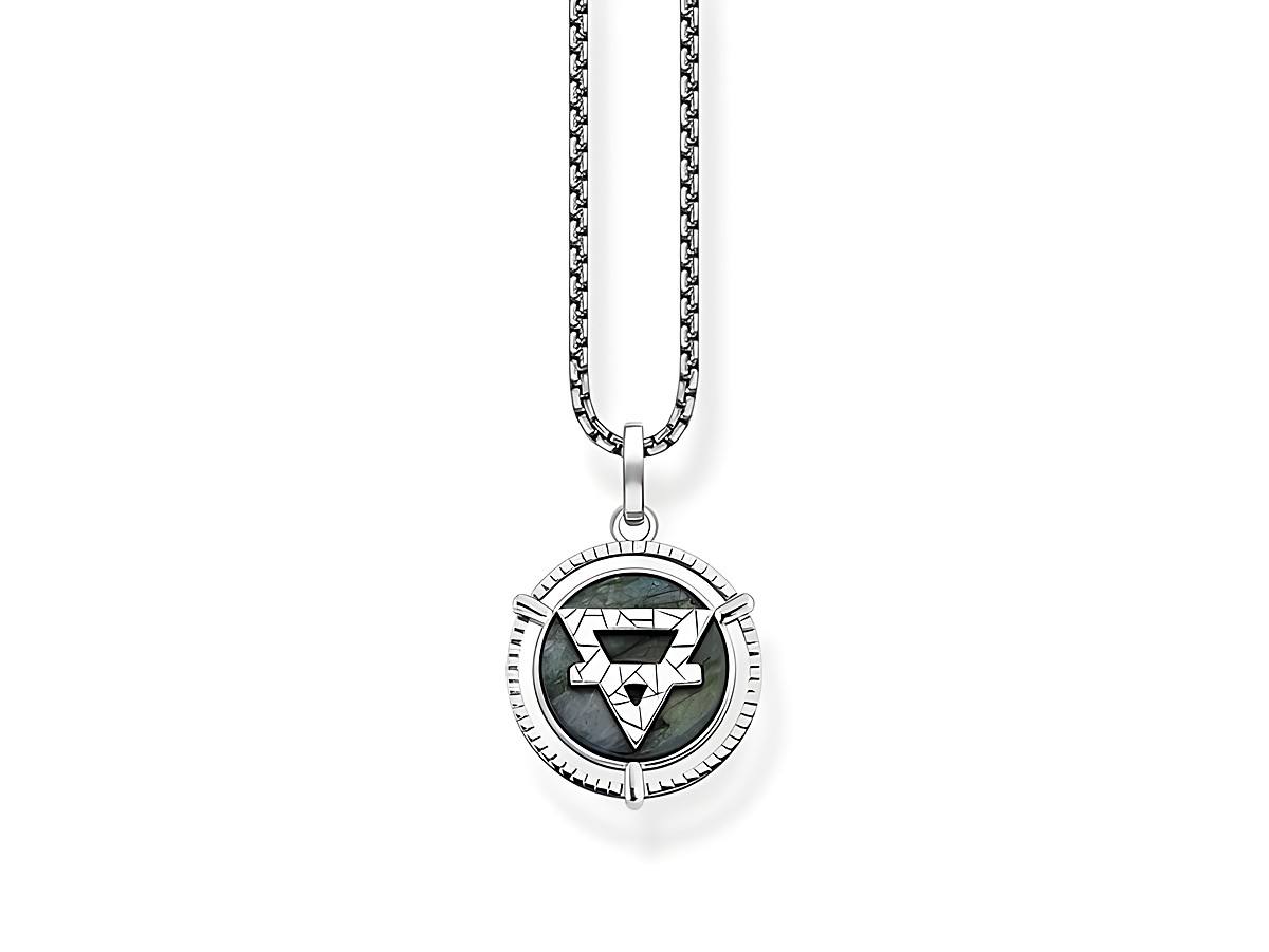 Thomas Sabo Kette KE2150-503-6-L50V aus Sterling Silber mit einem Anhänger aus Labradorit, 50 cm verstellbar, modernes Design mit geometrischem Muster auf einem runden Anhänger.