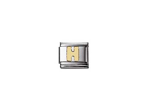 Goldfarbener Buchstabe H aus Glitzer mit silbernem Hintergrund, Teil des NOMINATION Classic Systems, ideal für Armbänder und individueller Schmuckgestaltung.