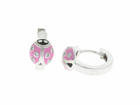 Ohrringe Creolen in Form von Marienkäfern aus rhodiniertem Silber, dekoriert mit pinker Emaille und kleinen Schmucksteinen, idealer Glücksbringer für Kinder, Hersteller Juwelier Harnisch.