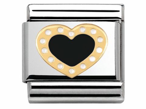 Edelstahlarmbandglied von Nomination in der Ausführung Classic Love 2 mit emailliertem schwarzen Herz und goldfarbenen Kügelchen, ideal für modische Akzente.