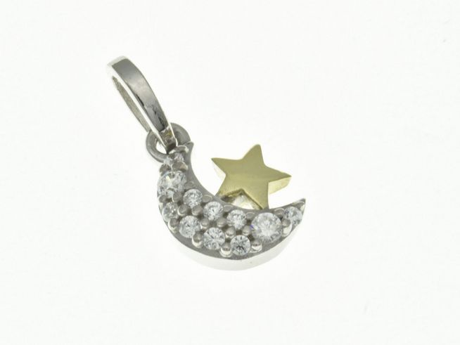 Mond und Stern Anhänger aus Sterling Silber Bicolor rhodiniert mit funkelnden Zirkonia, gefertigt vom Juwelier Harnisch, ideal für Tierliebhaber und Schmuckfans.